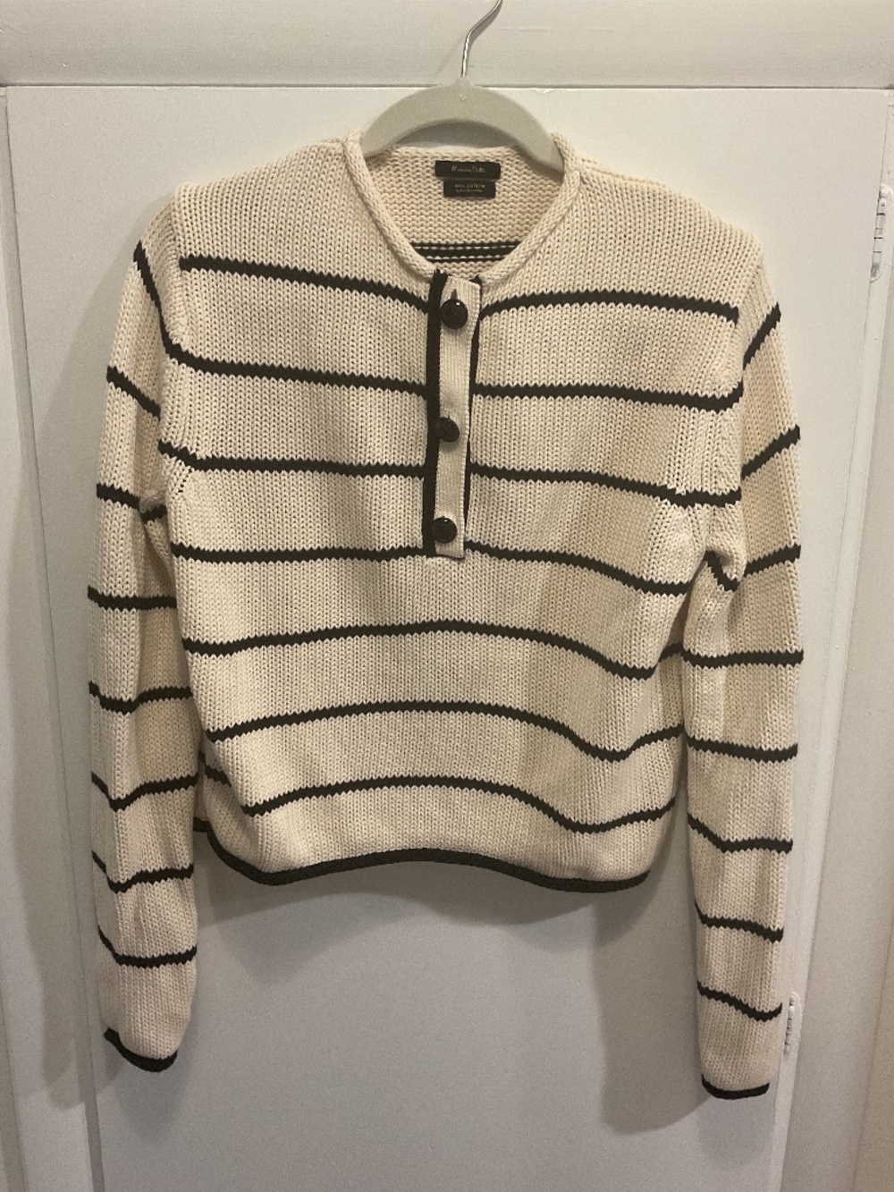 Massimo Dutti 100% Cotton Sweater, Ecru and Black Stripe, Size Small